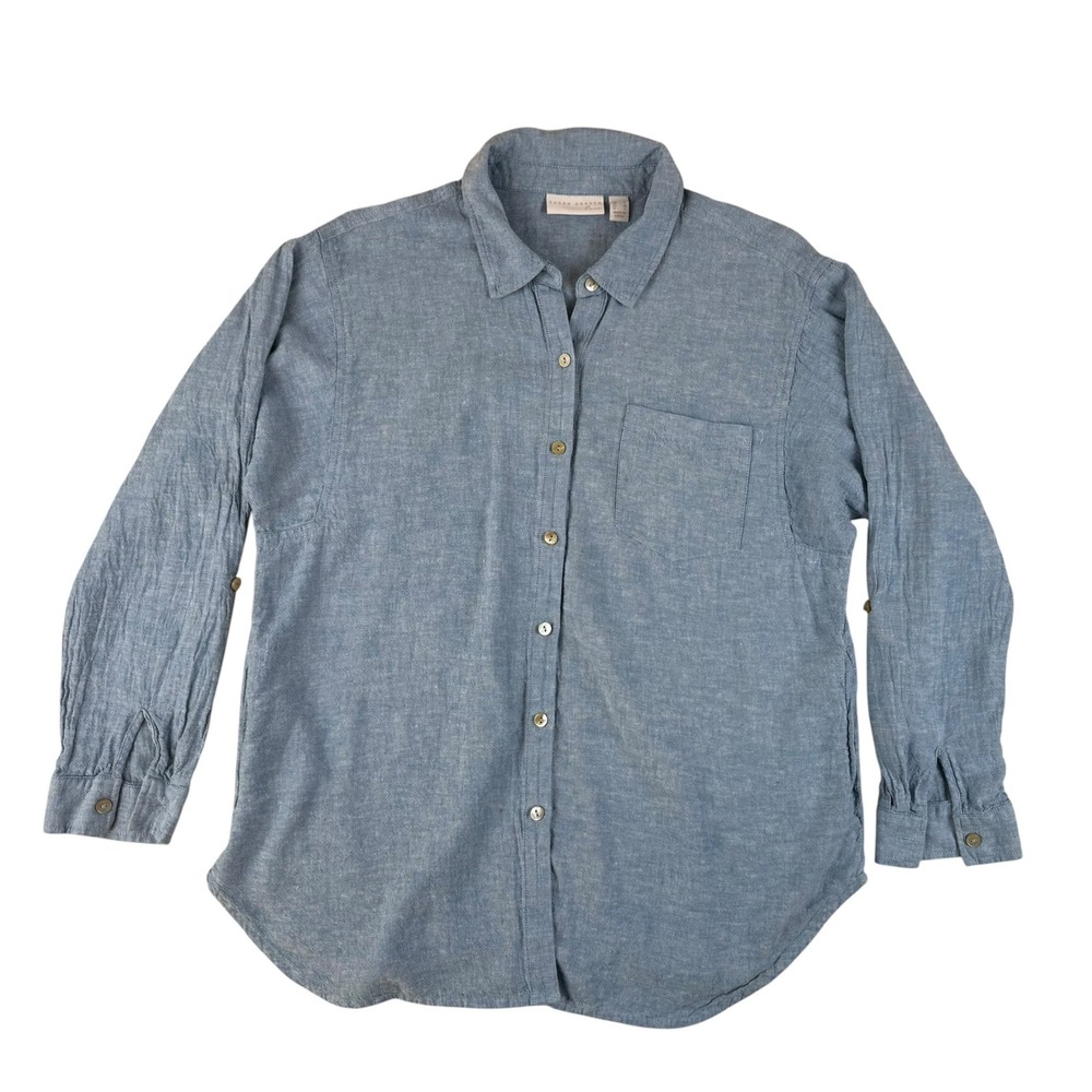 Susan Graver Pure Med Coastal Linen Blend Button Down Shirt Pockets